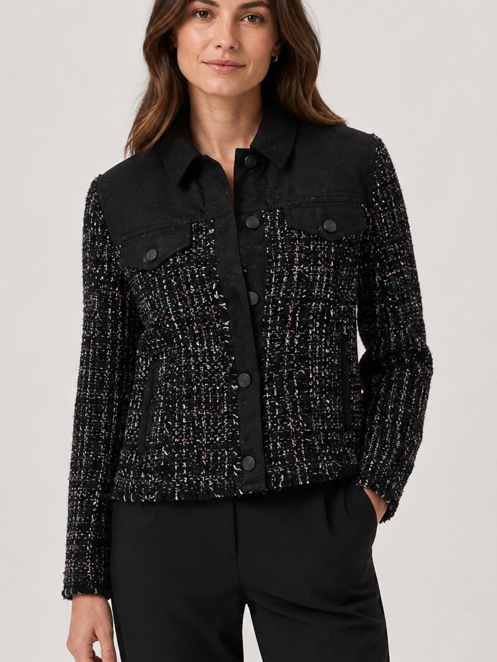 Rebecca Taylor Tweed Fringe Button Front Trucker Cardigan Size XS Knit *FLAW